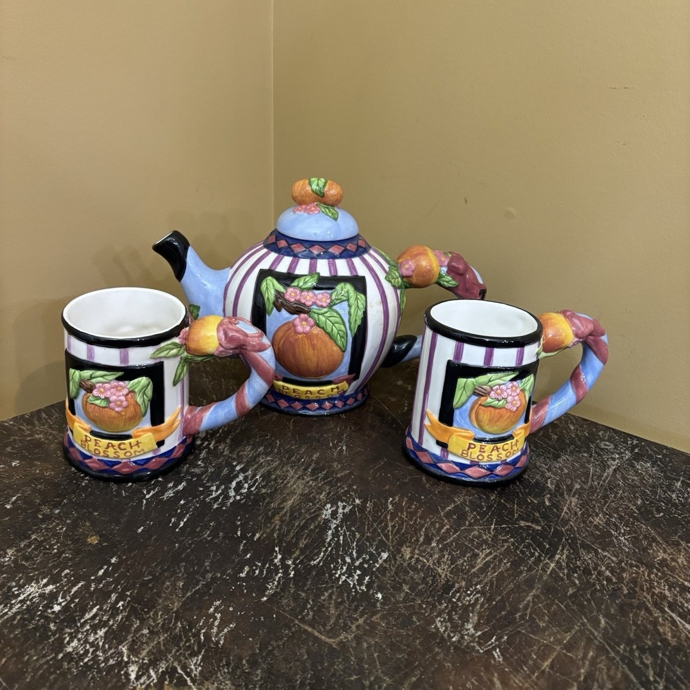 Zrike Peach Blossom Tea Time Hand Painted Tea Pot 2 Cups/‎ Mugs